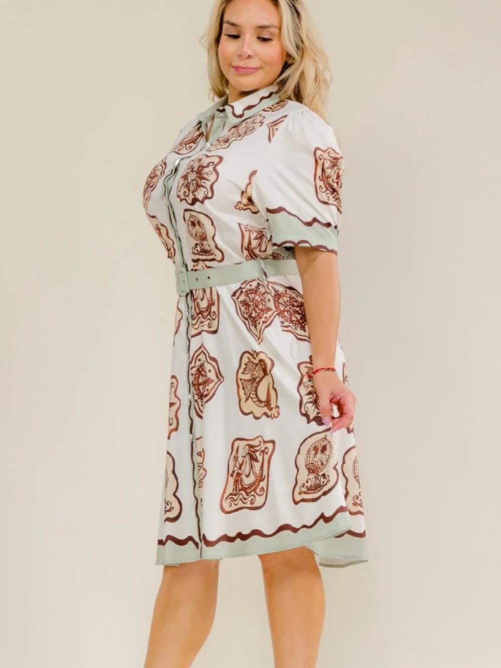 Title Plus size short sleeves button up belted multi print midi dress - Picture 2 of 4
